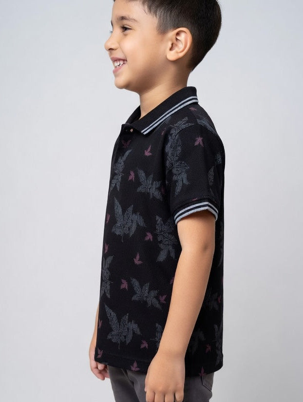 Boys' Casual White Polo – Tropical Leaf Pattern